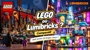 Deux constructions LEGO et Lumibricks côte à côte, avec une maquette sous licence et une ville éclairée par LED