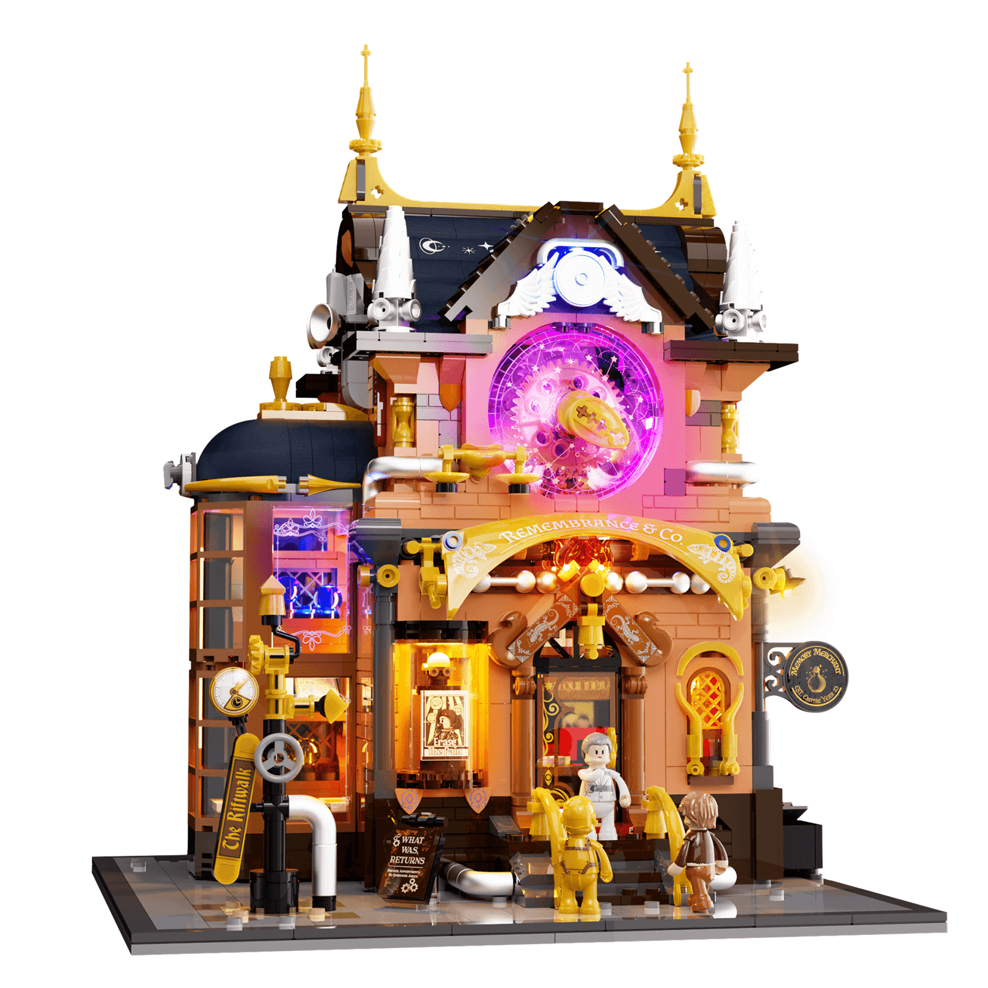 Vue de face du set Lumibricks 11013 Steampunk Memory Magic Shop avec éclairage LED violet et minifigurines sur fond blanc