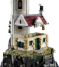Détail de la maison du gardien LEGO 21335 avec toit amovible, enseigne Aurora Point, poisson et volets verts