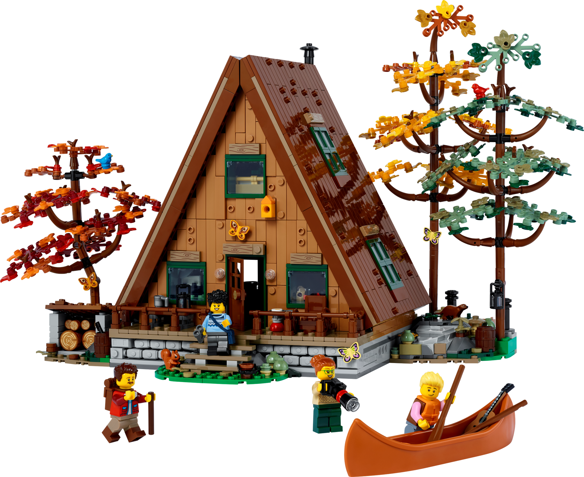 LEGO Ideas 21338 La maison en A vue de face avec arbres automnaux, minifigurines, canoë et terrasse en bois