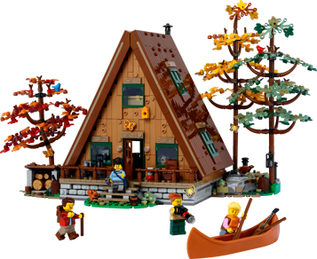 LEGO Ideas 21338 La maison en A vue de face avec arbres automnaux, minifigurines, canoë et terrasse en bois