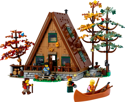 LEGO Ideas 21338 La maison en A vue de face avec arbres automnaux, minifigurines, canoë et terrasse en bois