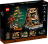 Dos de la boîte LEGO Ideas 21338 montrant l'intérieur du chalet, les arbres détachables et les dimensions du set