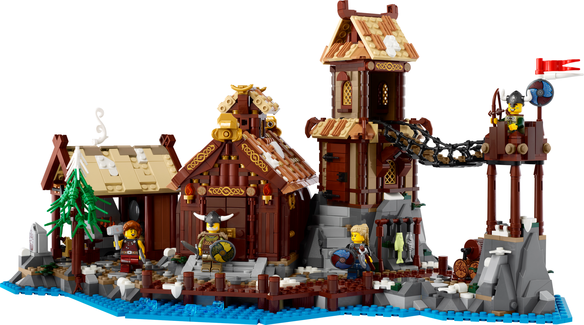 Vue de face du set LEGO Ideas 21343 Le Village Viking avec grande salle, tour de guet, forge et minifigurines vikings au bord de l'eau