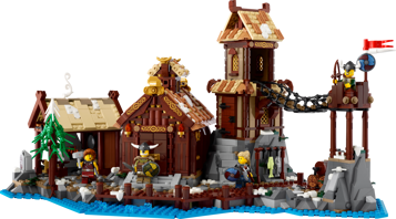 Vue de face du set LEGO Ideas 21343 Le Village Viking avec grande salle, tour de guet, forge et minifigurines vikings au bord de l'eau
