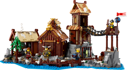 Vue de face du set LEGO Ideas 21343 Le Village Viking avec grande salle, tour de guet, forge et minifigurines vikings au bord de l'eau