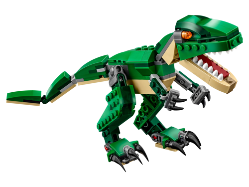 LEGO Creator 31058 Le dinosaure féroce - T-Rex vert avec gueule ouverte, vue de profil sur fond blanc