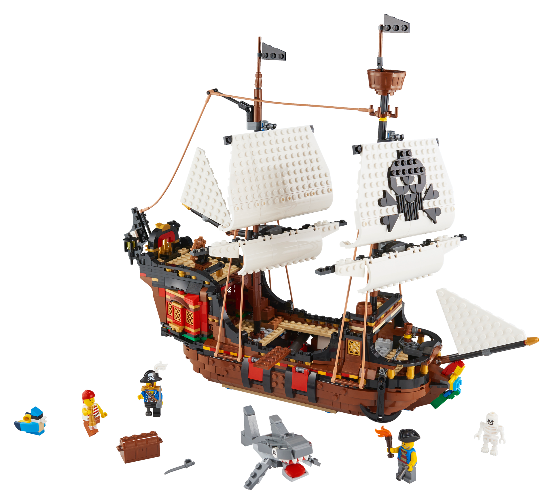 LEGO Creator 31109 Le bateau pirate assemblé avec minifigurines, requin, coffre au trésor et squelette sur fond blanc