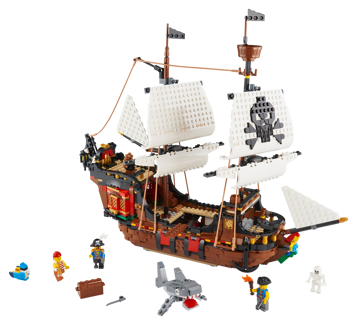 LEGO Creator 31109 Le bateau pirate assemblé avec minifigurines, requin, coffre au trésor et squelette sur fond blanc