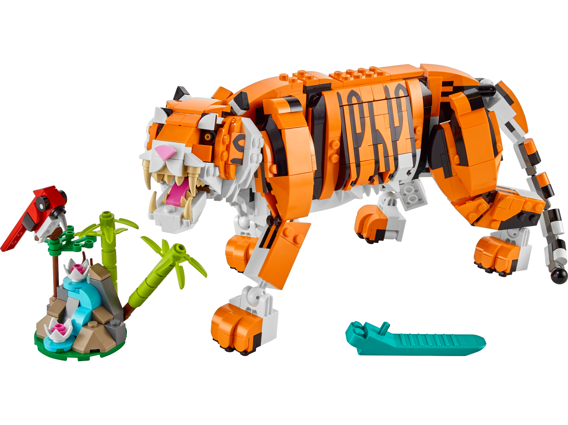 LEGO Creator 31129 Le Tigre Majestueux vue de côté avec décor de bambou, oiseau rouge et accessoires inclus
