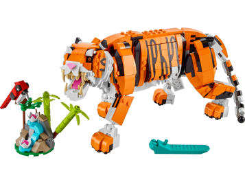 LEGO Creator 31129 Le Tigre Majestueux vue de côté avec décor de bambou, oiseau rouge et accessoires inclus