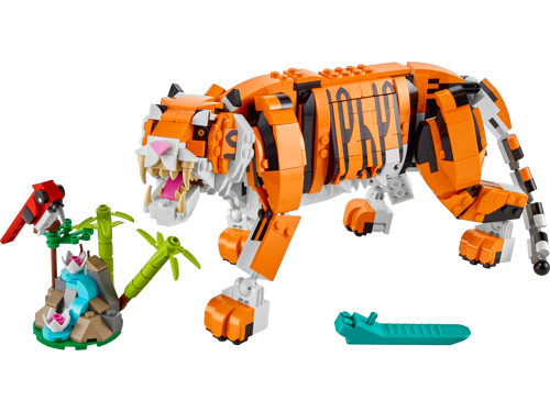 LEGO Creator 31129 Le Tigre Majestueux vue de côté avec décor de bambou, oiseau rouge et accessoires inclus