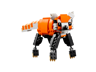 Vue de face du panda roux LEGO Creator 31129 en briques orange et noires avec queue rayée et griffes