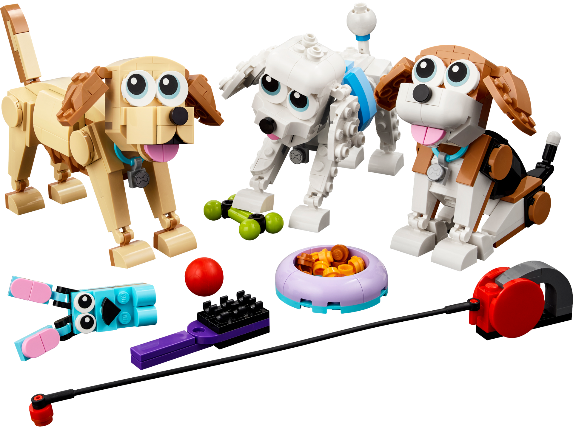 Trois chiens LEGO adorables avec accessoires : labrador beige, caniche blanc et beagle, gamelle, balle, laisse et os