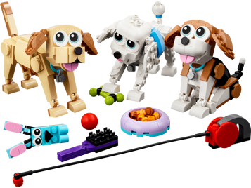 Trois chiens LEGO adorables avec accessoires : labrador beige, caniche blanc et beagle, gamelle, balle, laisse et os