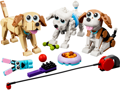 Trois chiens LEGO adorables avec accessoires : labrador beige, caniche blanc et beagle, gamelle, balle, laisse et os