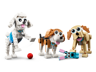 Vue alternative des trois chiens LEGO Creator : caniche blanc, beagle marron et labrador beige avec jouet robot bleu