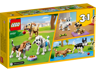 Arrière de la boîte LEGO Creator 31137 montrant les trois constructions possibles de chiens adorables en situation de jeu