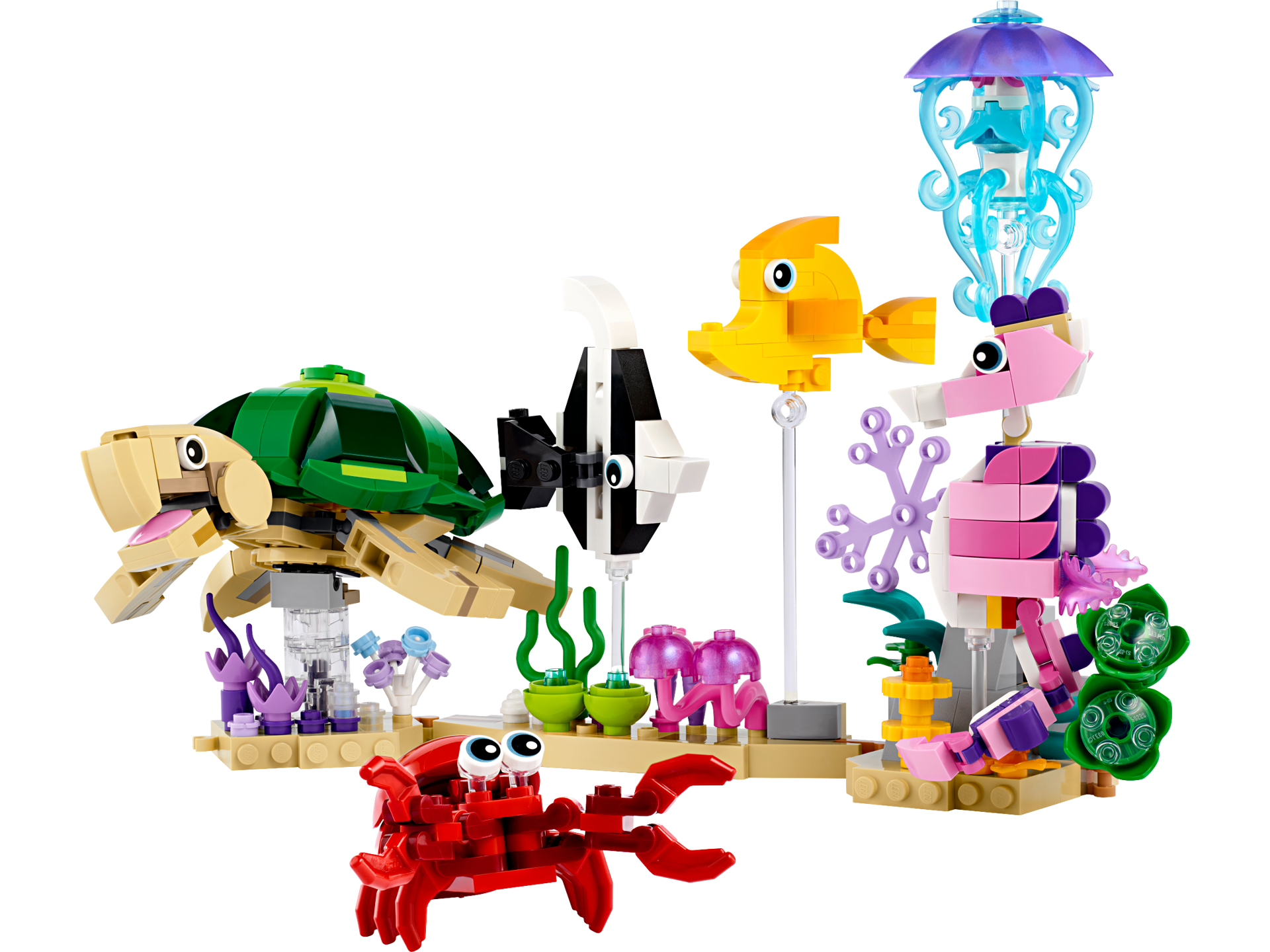 LEGO Creator 31158 Les animaux marins assemblés : tortue verte, crabe rouge, hippocampe rose, méduse bleue, poissons et coraux colorés