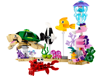 LEGO Creator 31158 Les animaux marins assemblés : tortue verte, crabe rouge, hippocampe rose, méduse bleue, poissons et coraux colorés
