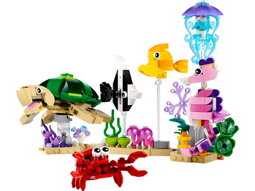 LEGO Creator 31158 Les animaux marins assemblés : tortue verte, crabe rouge, hippocampe rose, méduse bleue, poissons et coraux colorés