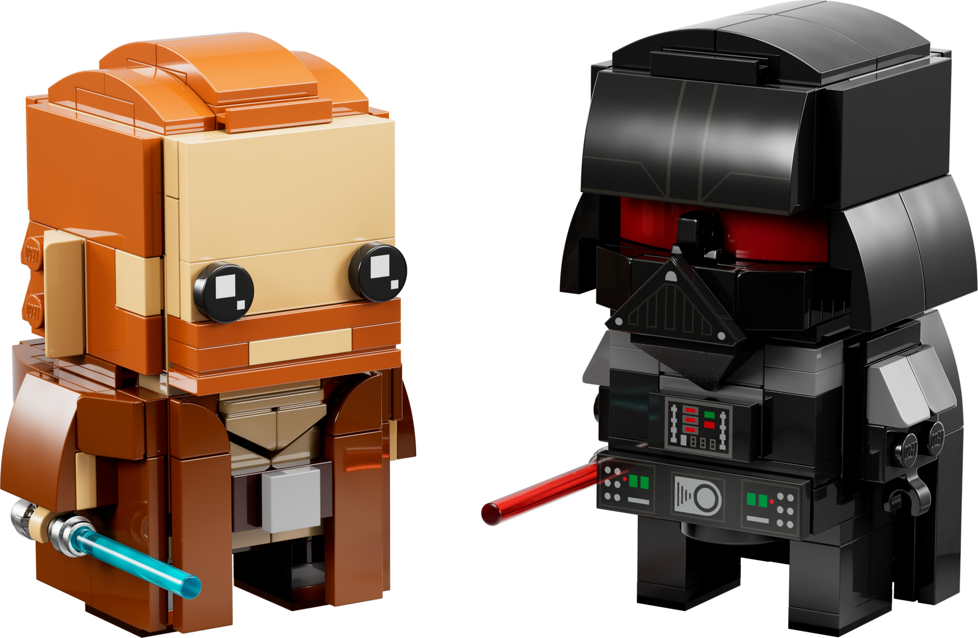 Figurines LEGO BrickHeadz Obi-Wan Kenobi avec sabre laser bleu et Dark Vador avec sabre rouge, vue de trois quarts
