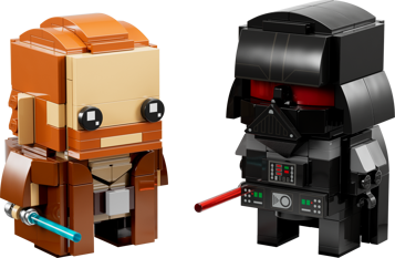 Figurines LEGO BrickHeadz Obi-Wan Kenobi avec sabre laser bleu et Dark Vador avec sabre rouge, vue de trois quarts