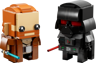 Figurines LEGO BrickHeadz Obi-Wan Kenobi avec sabre laser bleu et Dark Vador avec sabre rouge, vue de trois quarts
