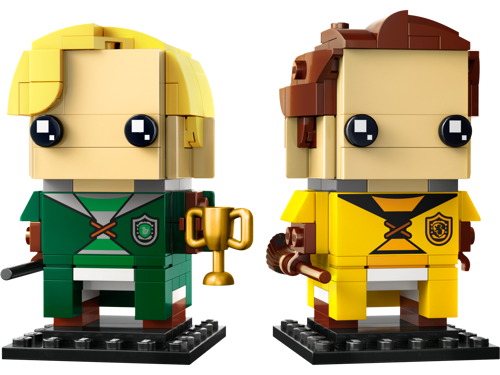 Vue de face des figurines LEGO BrickHeadz Draco Malfoy en tenue verte Serpentard et Cedric Diggory en jaune Poufsouffle