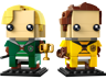 Vue de face des figurines LEGO BrickHeadz Draco Malfoy en tenue verte Serpentard et Cedric Diggory en jaune Poufsouffle