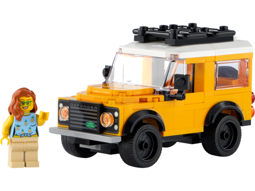 LEGO 40650 Land Rover Classic Defender jaune avec toit blanc, galerie noire et minifigurine féminine aux cheveux roux