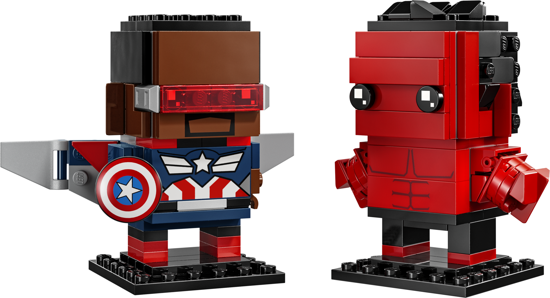 Figurines LEGO BrickHeadz 40668 Captain America avec bouclier et ailes et Hulk Rouge vue de face sur fond blanc