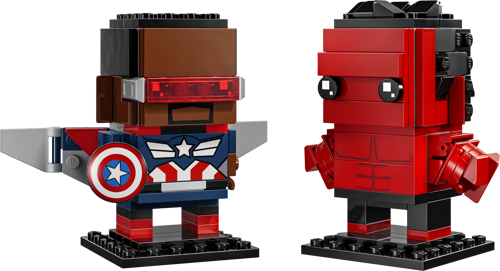 Figurines LEGO BrickHeadz 40668 Captain America avec bouclier et ailes et Hulk Rouge vue de face sur fond blanc