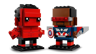 Figurines LEGO BrickHeadz Hulk Rouge et Captain America vues de trois quarts montrant les détails des costumes Marvel
