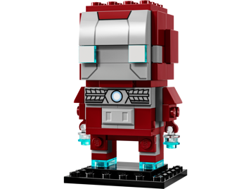 Vue de face de la figurine LEGO BrickHeadz Iron Man MK5 40669 en rouge et argent avec yeux bleus lumineux sur socle noir