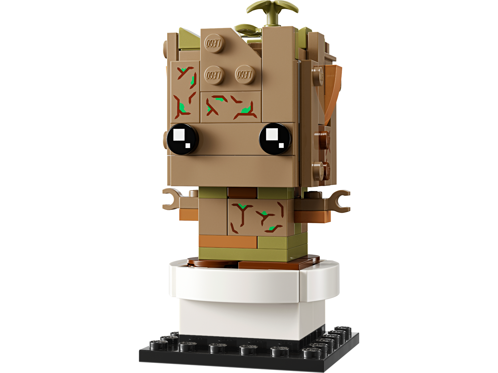 Vue de face du LEGO BrickHeadz Groot en pot 40671 avec ses grands yeux noirs et détails de branchages