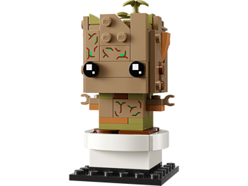 Vue de face du LEGO BrickHeadz Groot en pot 40671 avec ses grands yeux noirs et détails de branchages