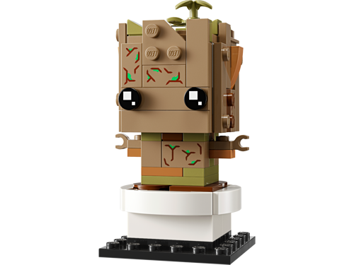 Vue de face du LEGO BrickHeadz Groot en pot 40671 avec ses grands yeux noirs et détails de branchages