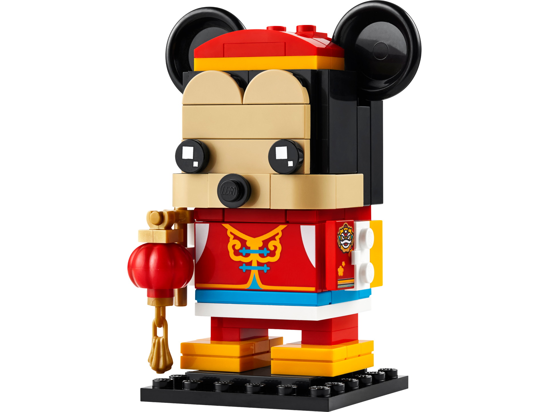 Vue de face du LEGO BrickHeadz 40673 Mickey Mouse en costume traditionnel rouge du Festival du printemps tenant une lanterne