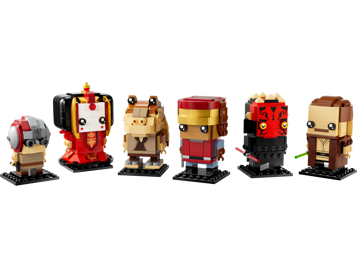 Six figurines LEGO BrickHeadz Star Wars La Menace Fantôme 40676 alignées sur fond blanc, vue de face