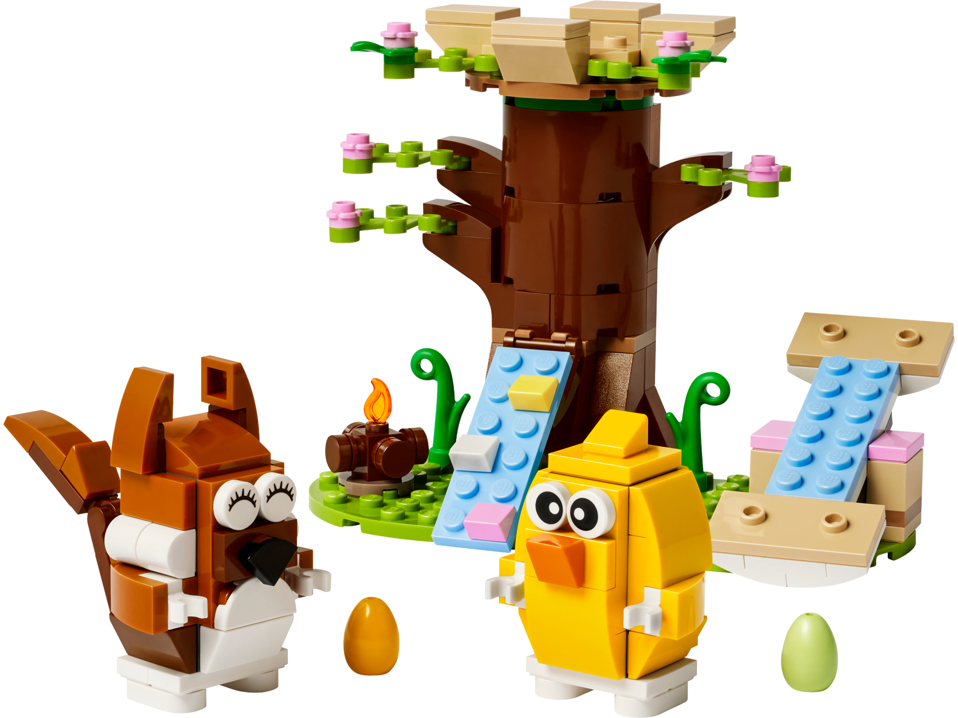 LEGO 40709 Le parc des animaux au printemps - vue détaillée du set avec écureuil, poussin, arbre fleuri, toboggans et œufs de Pâques
