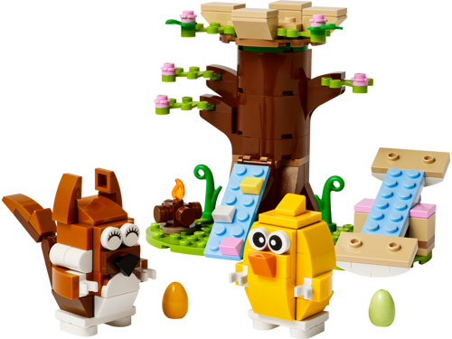 LEGO 40709 Le parc des animaux au printemps - vue détaillée du set avec écureuil, poussin, arbre fleuri, toboggans et œufs de Pâques