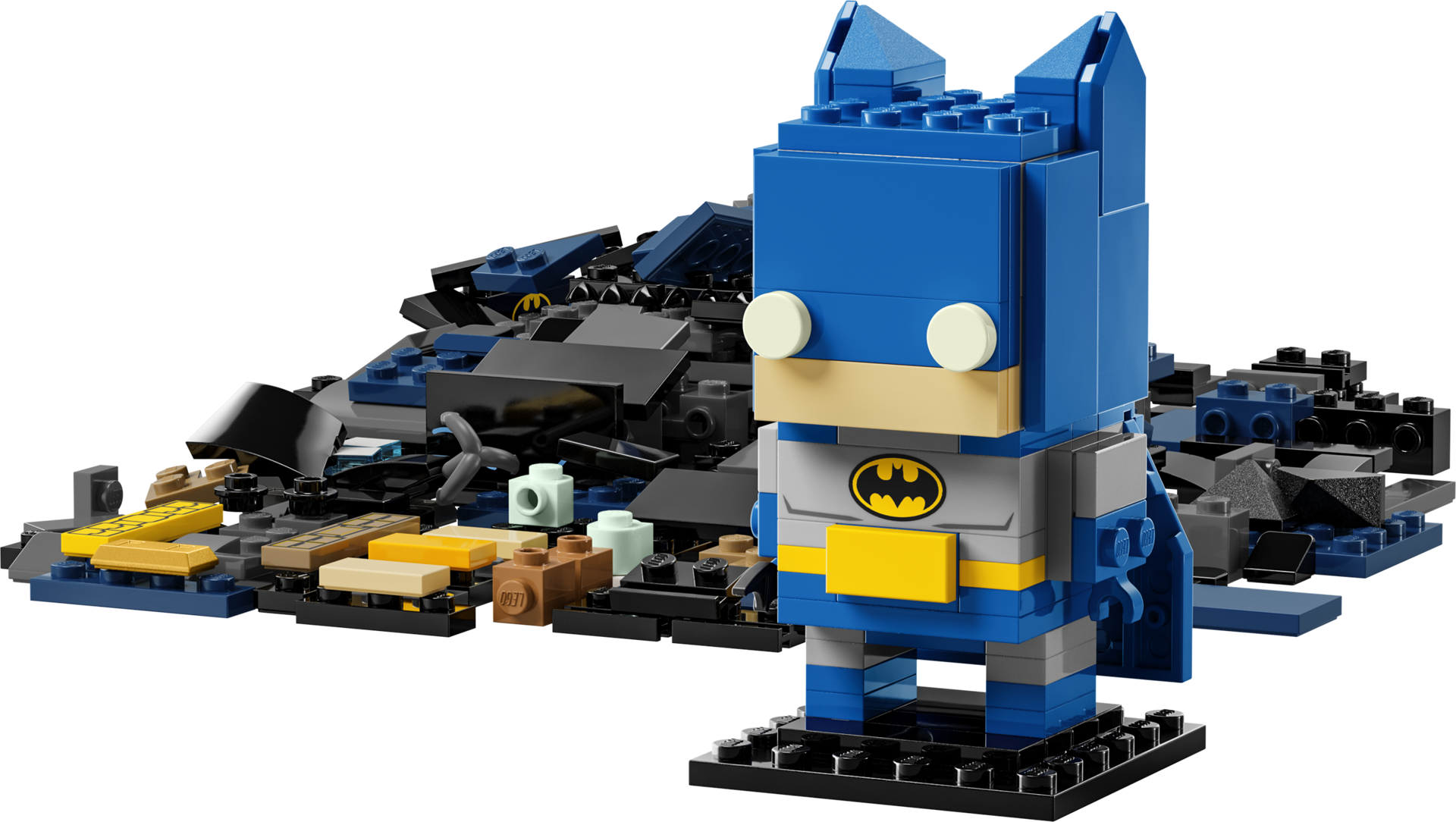 Figurine LEGO BrickHeadz Batman 8-en-1 version Bronze Age en bleu et gris avec pièces supplémentaires étalées à l'arrière
