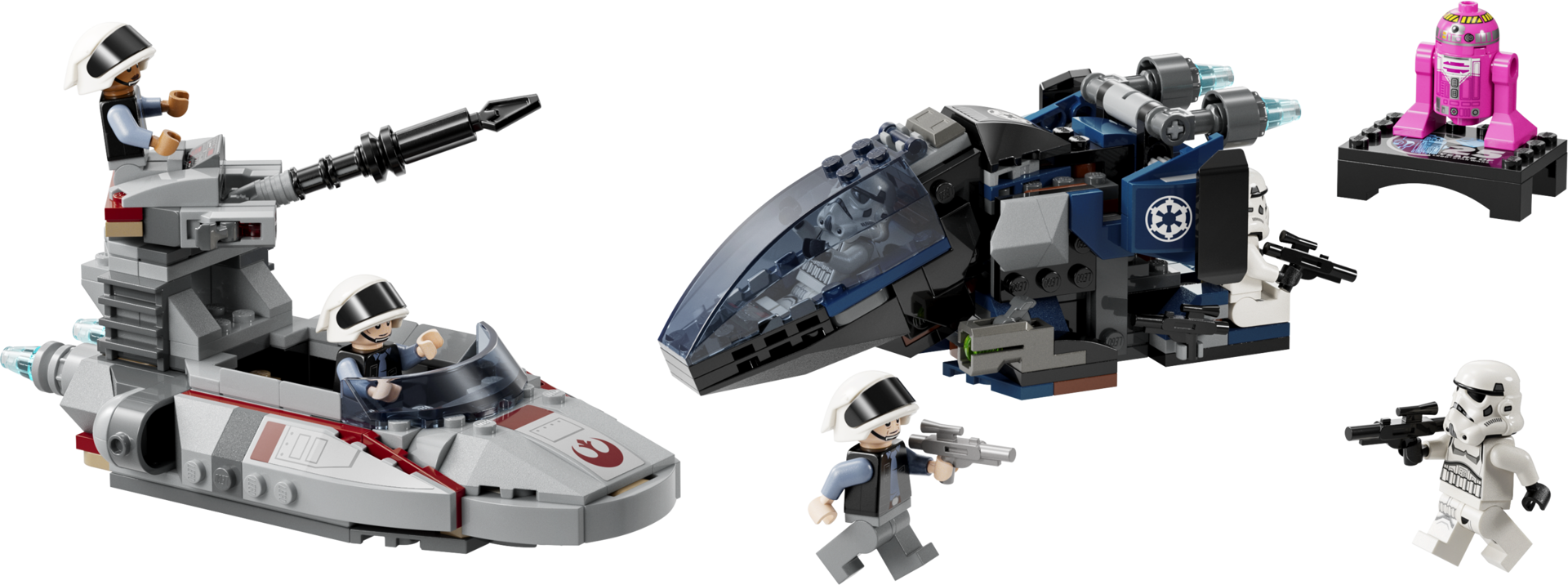 LEGO Star Wars 40755 - Véhicules construits : speeder rebelle gris avec tourelle, vaisseau impérial bleu foncé, droïde QT-KT rose et minifigurines