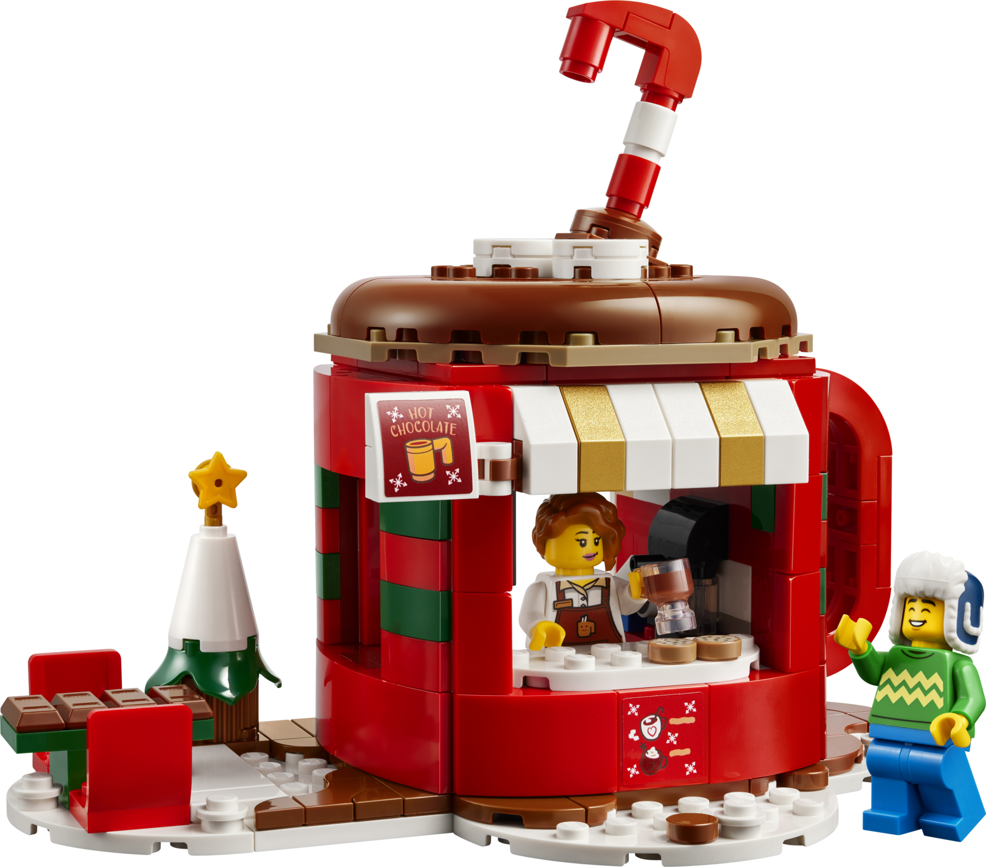 Vue de face du stand de chocolat chaud LEGO 40776 en forme de tasse rouge avec minifigurines et sapin de Noël