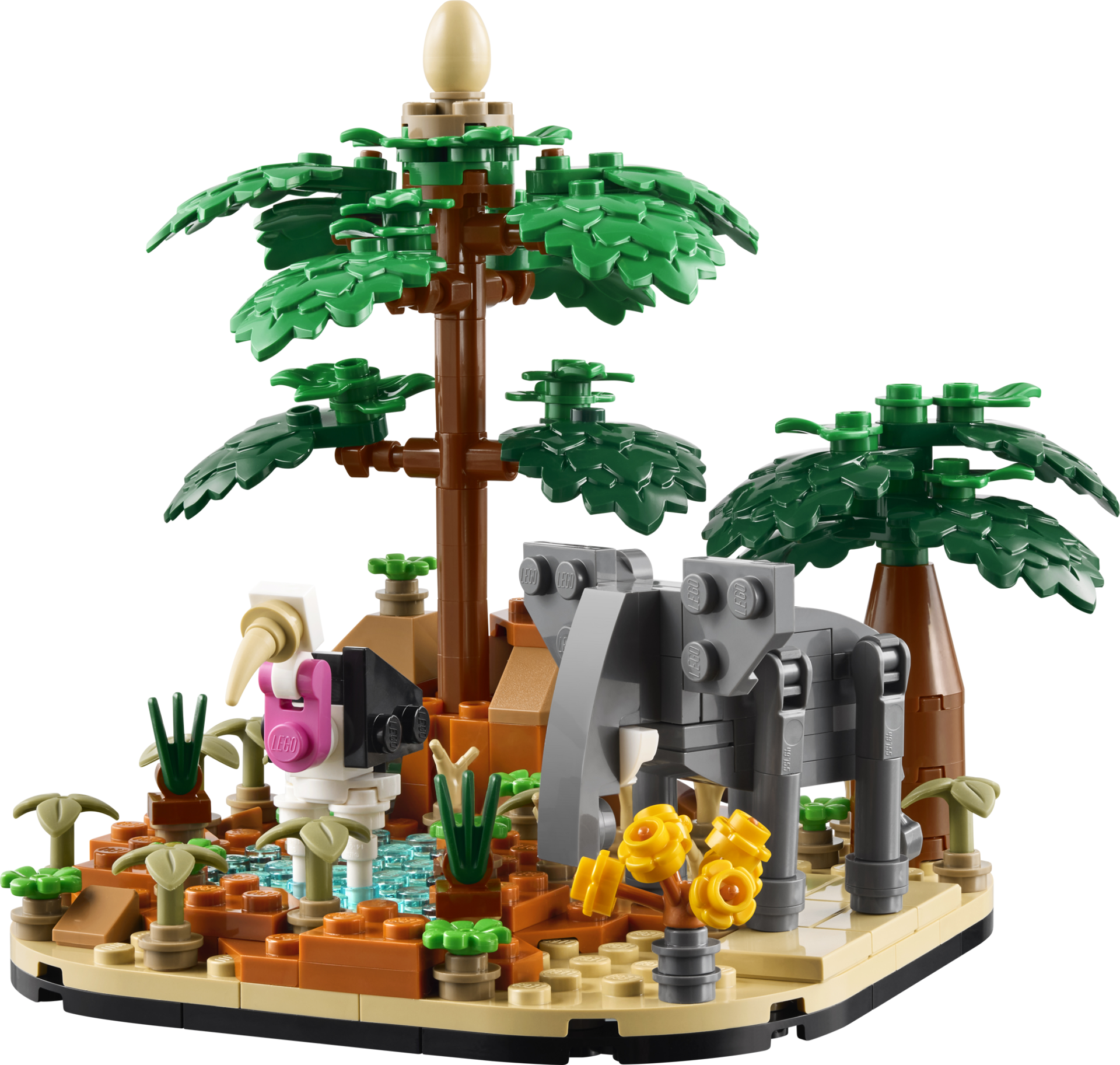 Diorama LEGO savane africaine 40784 avec palmiers, éléphant gris, autruche et point d'eau entourés de végétation