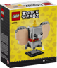 Arrière de la boîte LEGO BrickHeadz Dumbo 40792 sur fond jaune montrant le modèle assemblé et le socle d'exposition