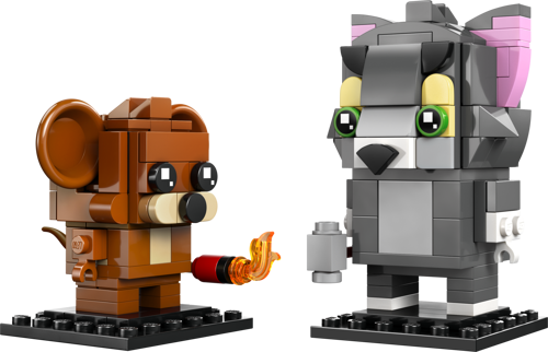 Figurines LEGO BrickHeadz Tom et Jerry 40793 vue de face sur socles noirs avec accessoire dynamite enflammée