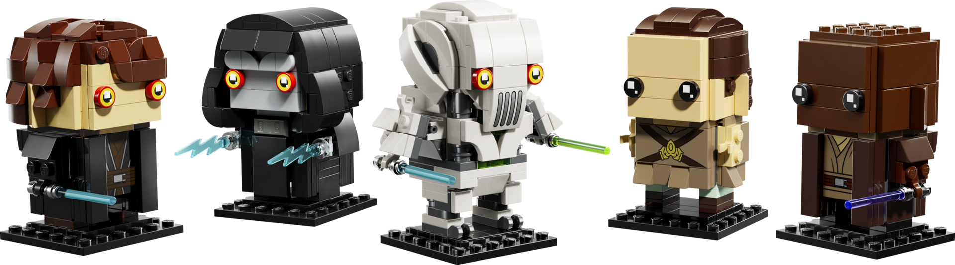 Cinq figurines LEGO BrickHeadz Star Wars La Revanche des Sith alignées sur socles noirs : Padmé, Anakin, Grievous, Palpatine et Mace Windu