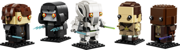 Cinq figurines LEGO BrickHeadz Star Wars La Revanche des Sith alignées sur socles noirs : Padmé, Anakin, Grievous, Palpatine et Mace Windu